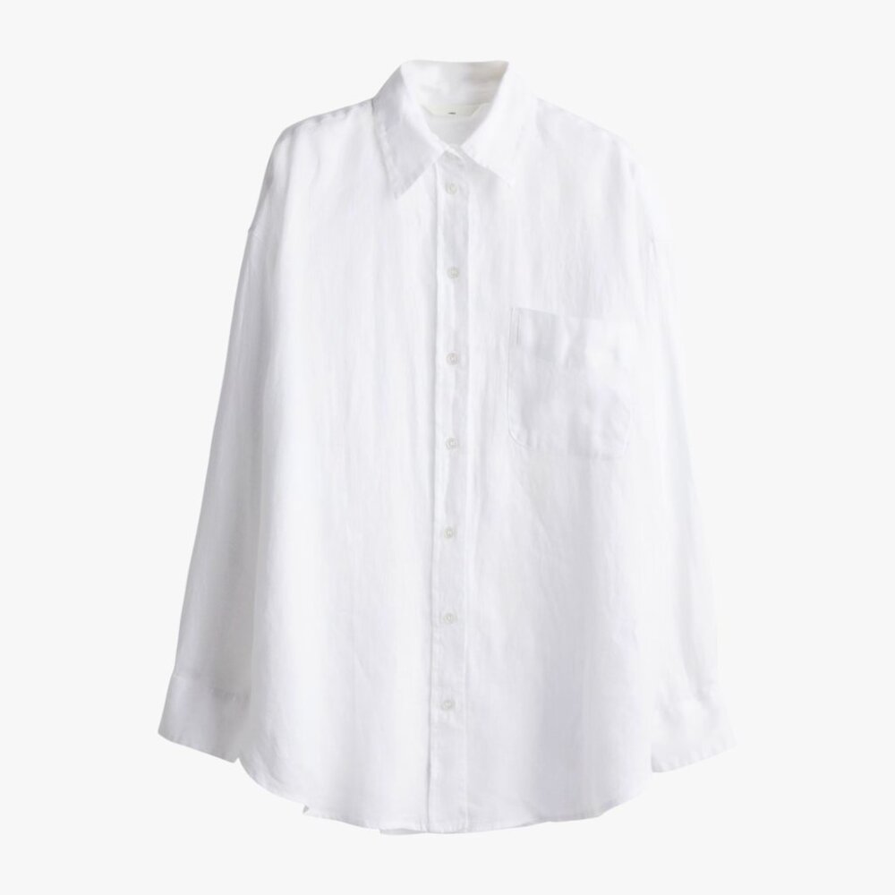 (LIKE NEW) H&M | 100% LINEN OVERSIZED RELAXED WHITE BUTTON-DOWN SHIRT